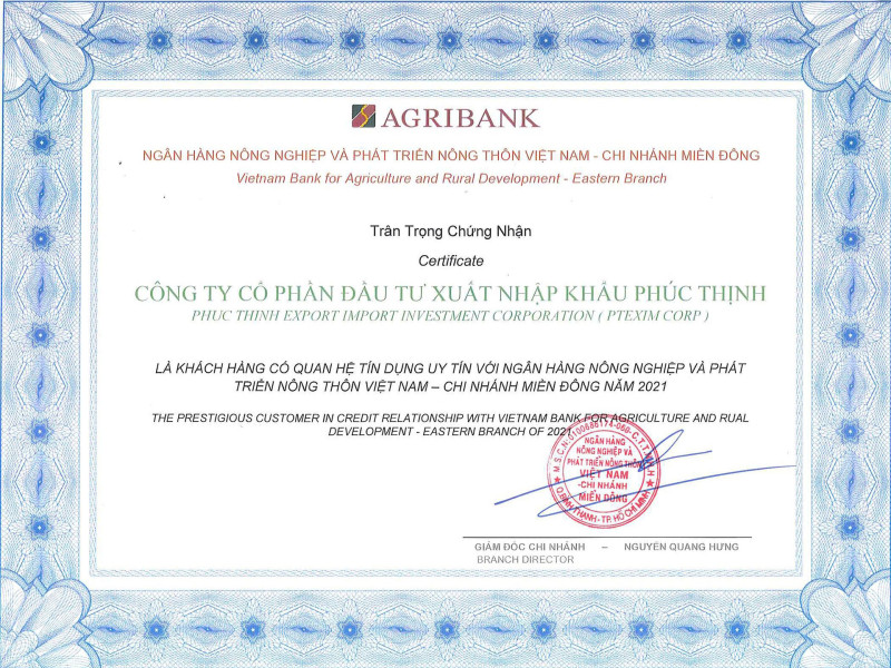 PTEXIM được tổ chức tín dụng hàng đầu Việt Nam ghi nhận là doanh nghiệp xuất khẩu uy tín